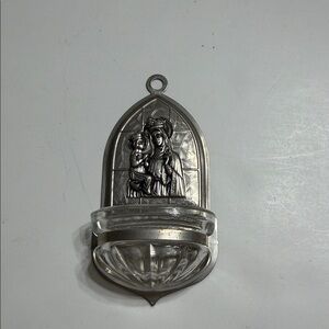 Vintage Religious Silver tone tin Holy Water Font with Madonna and Child